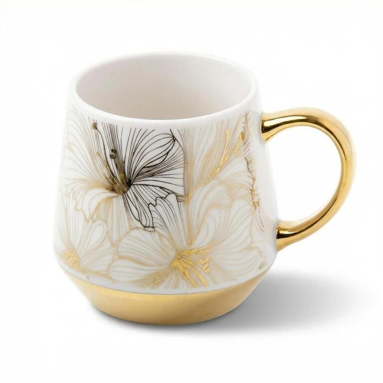 Hrnček porcelanový 460 ml kvety zlatý