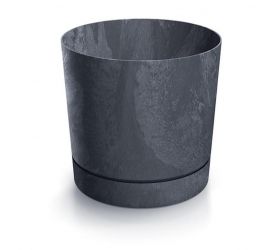 Kvetináč s miskou, plastový, priemer 128mm, TUBO P BETON EFFECT, antracit, výška 128mm
