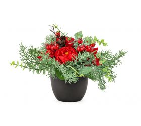 Dekorácia kvetináč pivónia + vianočná ruža 20 cm červená