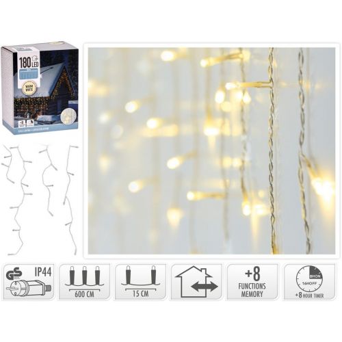 Svetlo vianočné cencúle 180 LED teplé biele, transparent, 6 m, s funkciami, vonkajšie/vnútorné