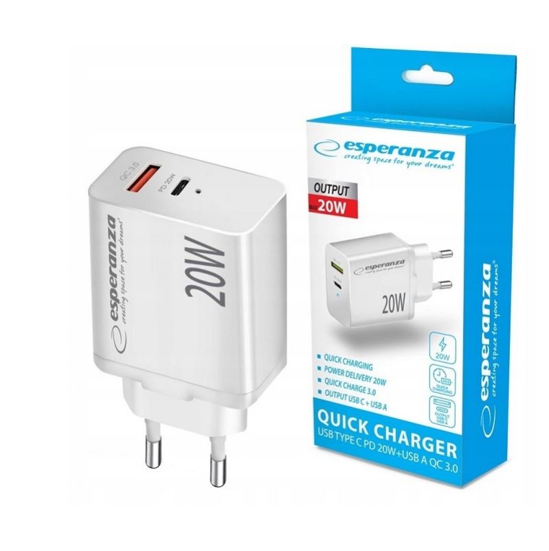 Nabíjačka 20W, USB-C, USB-A, biela