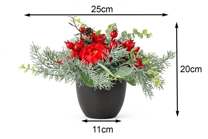 Dekorácia kvetináč pivónia + vianočná ruža 20 cm červená