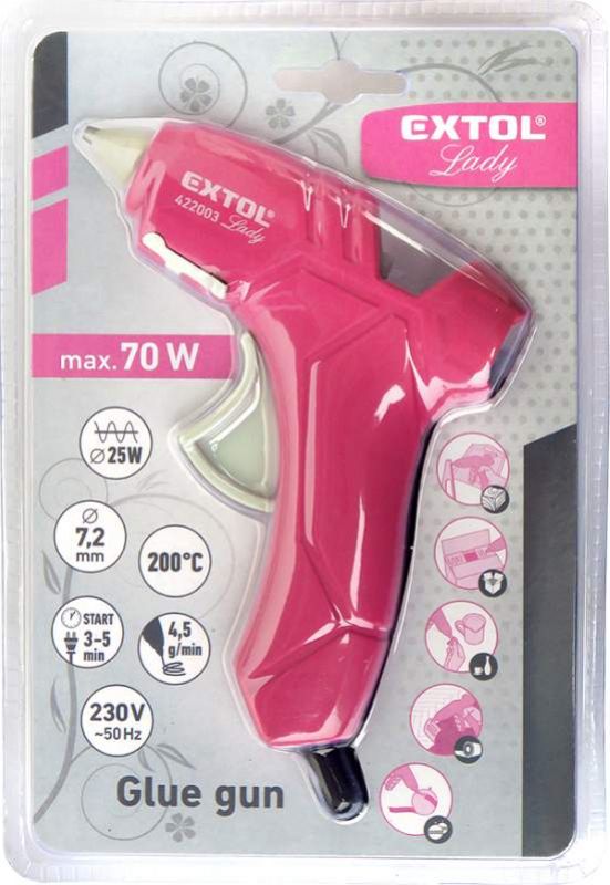 Pištoľ lepiaca tavná ružová, max. 70W, pracovný príkon 25W, tavné tyčinky pr.7,2mm